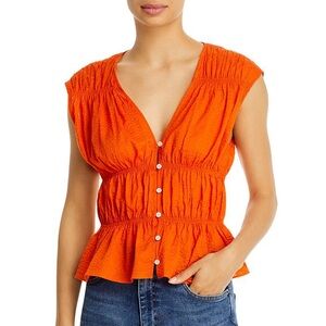 FRAME Ruched Cotton V-Neck Sleeveless Blouse